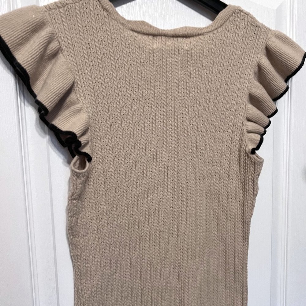 Ally Mae Tan & Black Trim Flutter Short Sleeve Sweater-Size Large-Women's-Casual - Picture 6 of 14